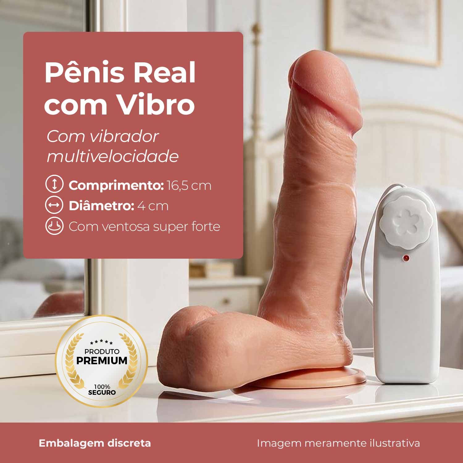 Pênis Realístico Com Escroto Ventosa e Vibro 16,5 x 4 Cm - Bege - Adão e Eva - Imagem 2