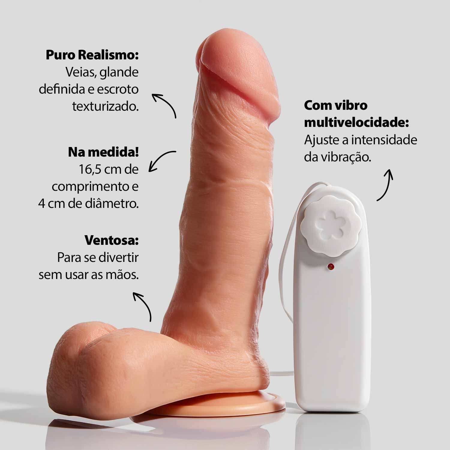 Pênis Realístico Com Escroto Ventosa e Vibro 16,5 x 4 Cm - Bege - Adão e Eva - Imagem 3